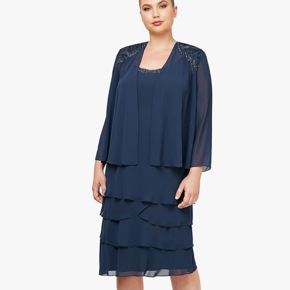 S.L. Fashions Womens Plus Size Embellished Tiered Jacket Dress Size 16 - Picture 1 of 14